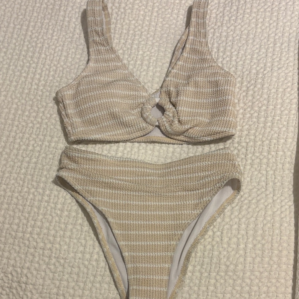 Beige/White Ribbed High Waisted Bikini